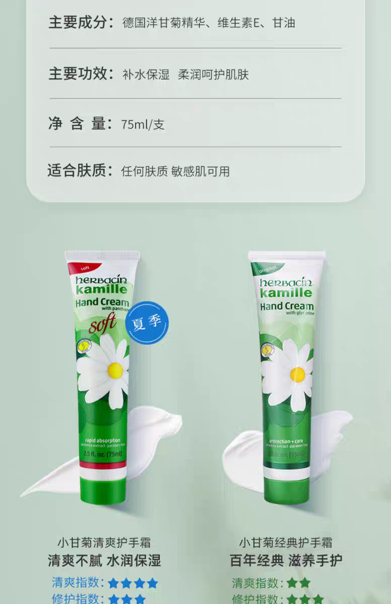 Herbacin好本清德国小甘菊清爽护手霜75ml  德国洋甘菊雏菊清爽不油腻详情图9
