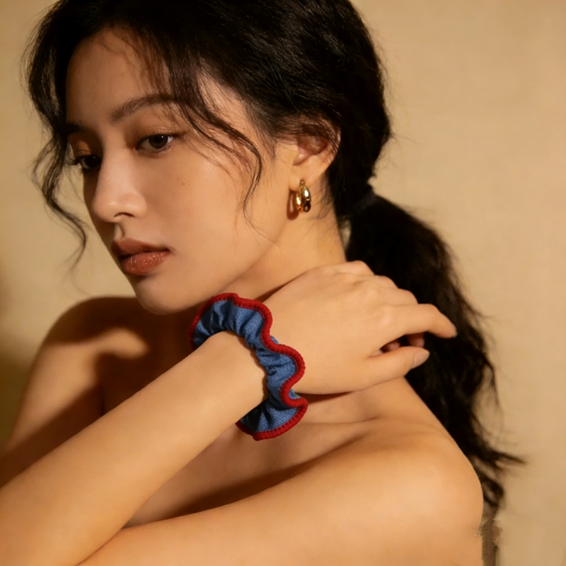 【 Exclusive Event 】 Grab 10! Free shipping! Denim blue and red black fungus lace hair band, high-elasticity hair tie, and dual-purpose hair accessory for Internet celebrities Specification image