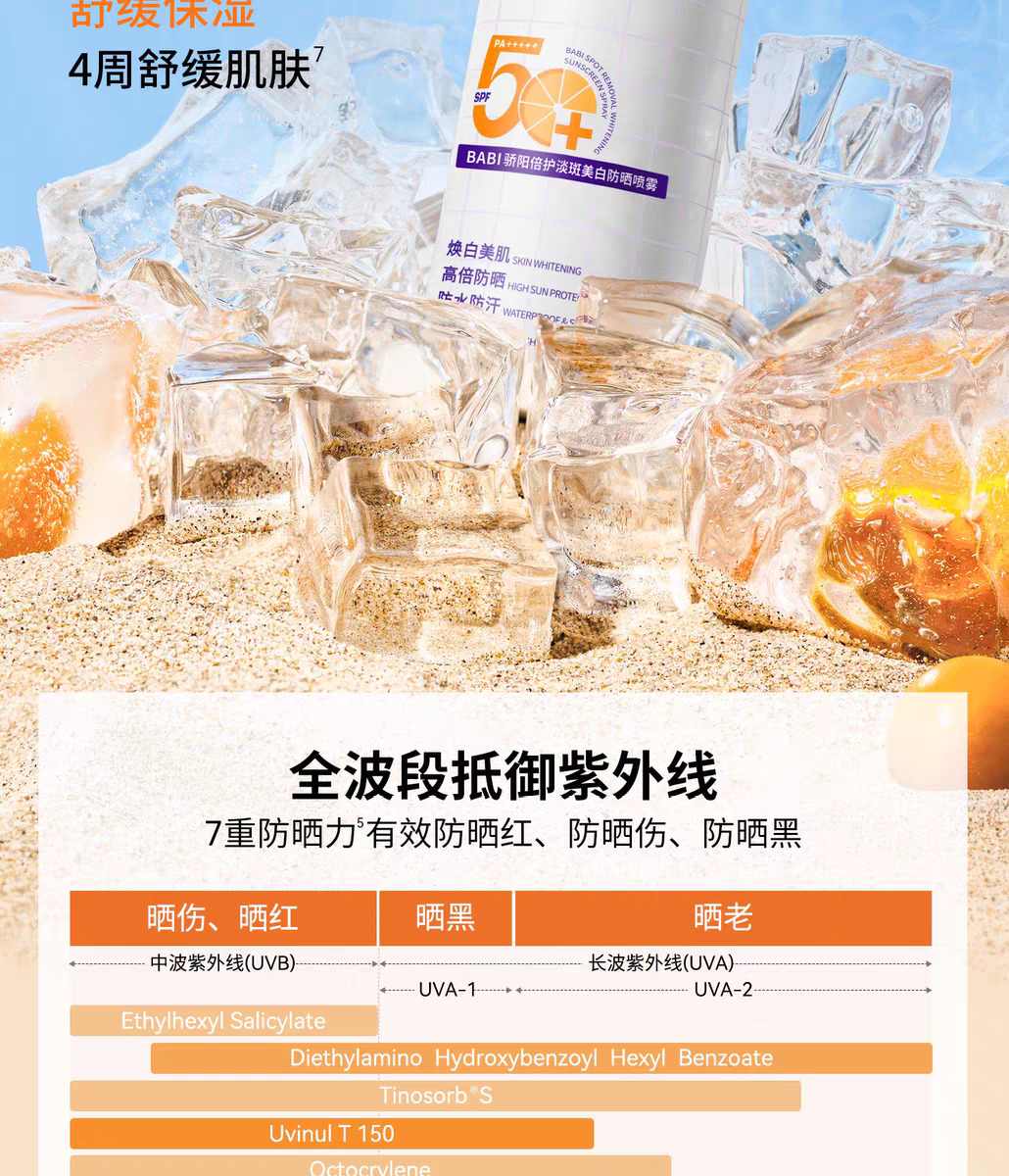 BABI骄阳倍护淡斑美防晒喷雾 全身通用防水防汗防紫外线详情图5