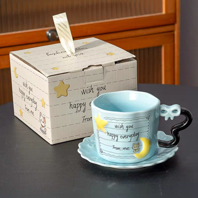 New high-appeal InS-style sticky note ceramic cup and plate set gift box, three-dimensional star and moon mugs, cartoon cute girls' breakfast cups, milk and coffee cups, home essentials, ceramic craftsmanship detail image 5