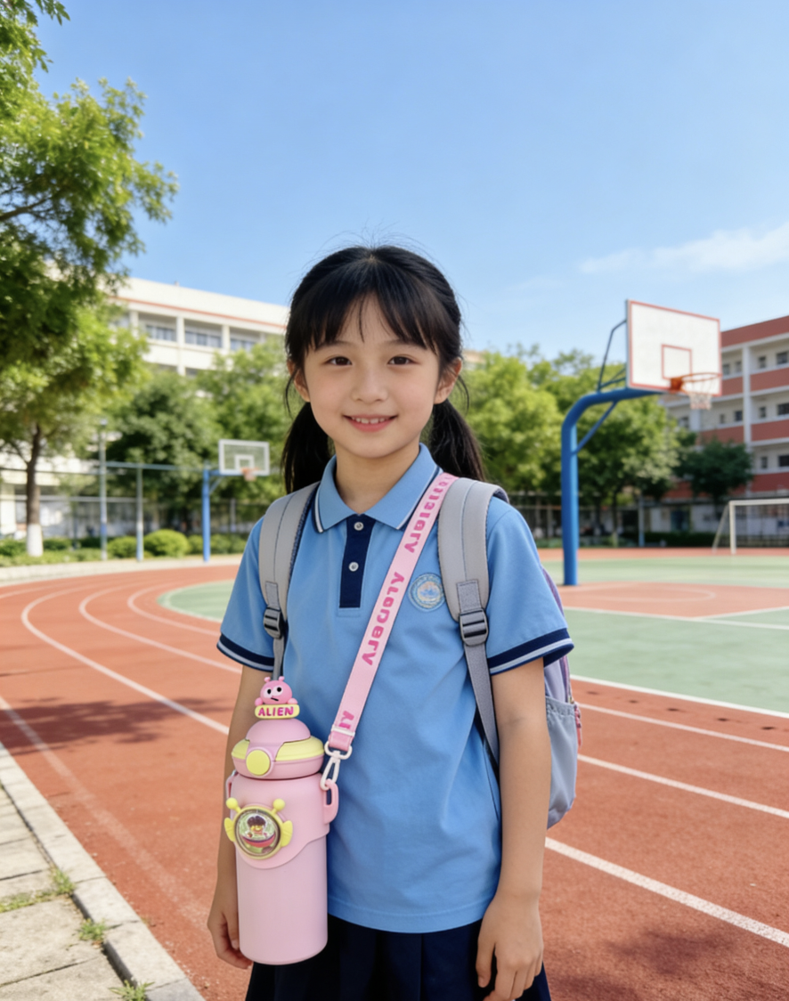 Baby student thermos cup, drinking water thermos cup, 580ml three-dimensional leak-proof 316 thermos cup, straw cup, shoulder cup, flying saucer thermos cup, cartoon doll, DIY with stickers Specification image