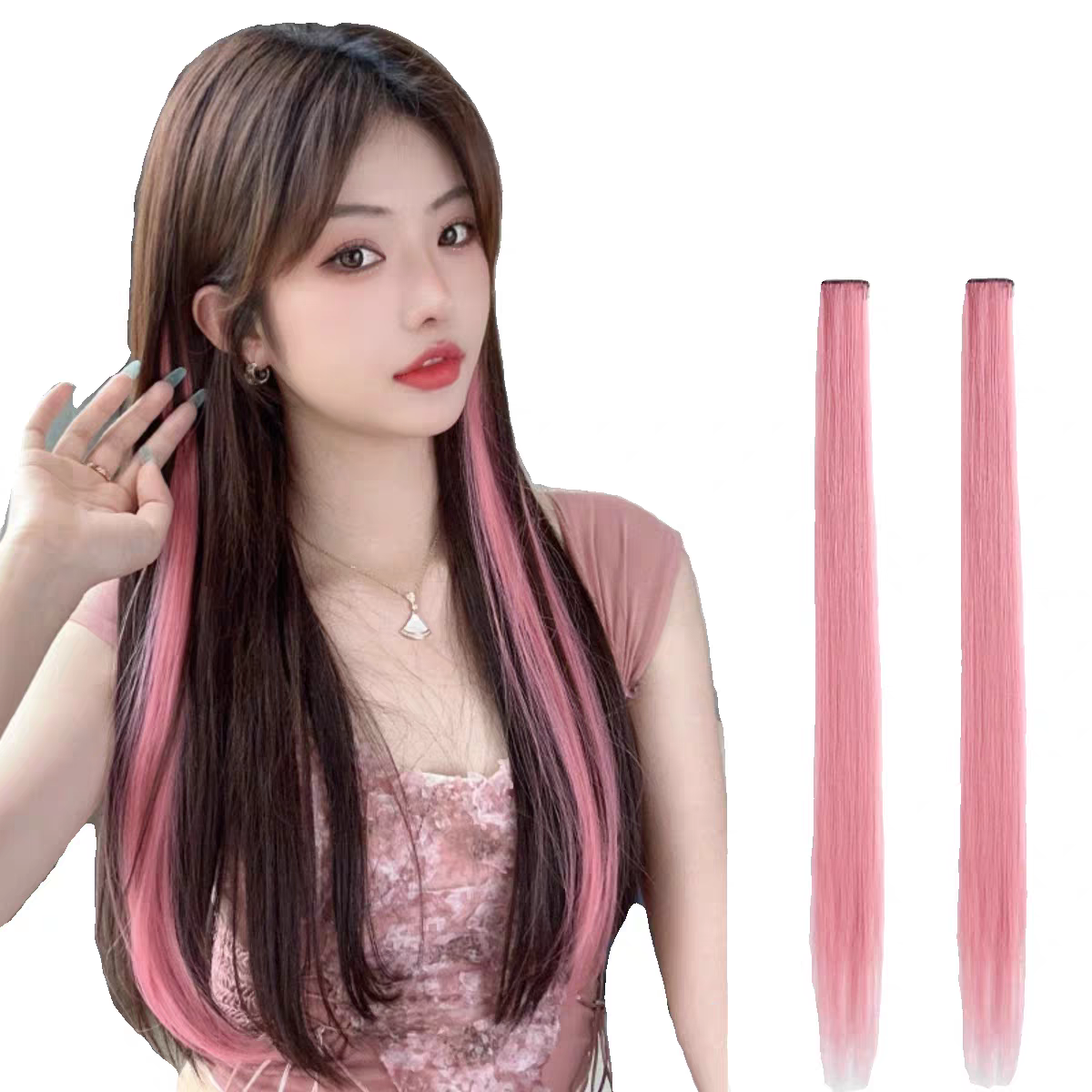 挂耳染发粉紫红色渐变假发片假发条挑染假发片女彩色一片式接发片