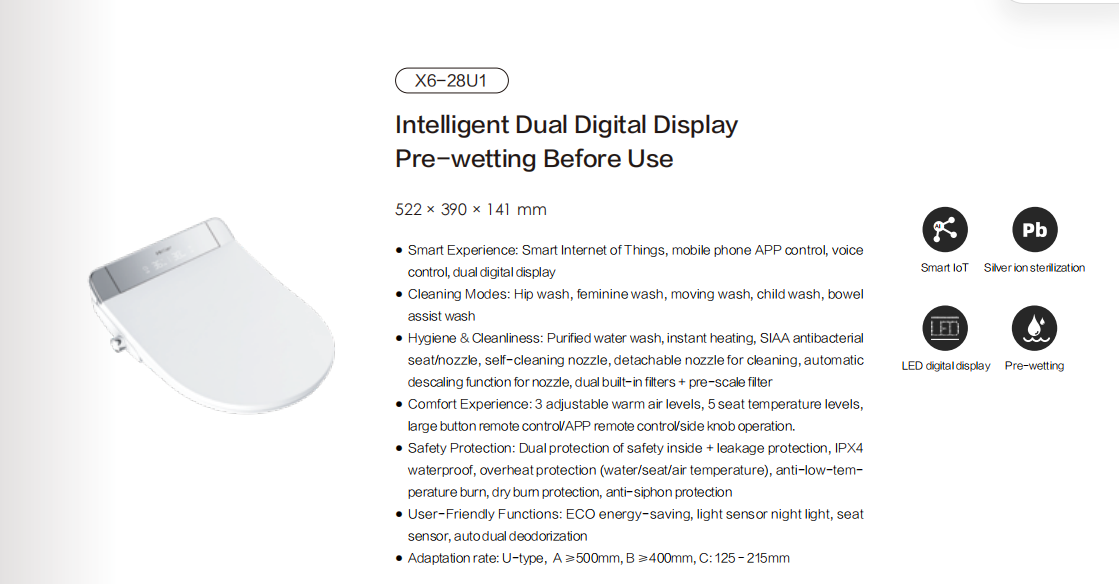 X6-28U1智能马桶盖Intelligent Dual Digital Display Pre-wetting Bef详情1