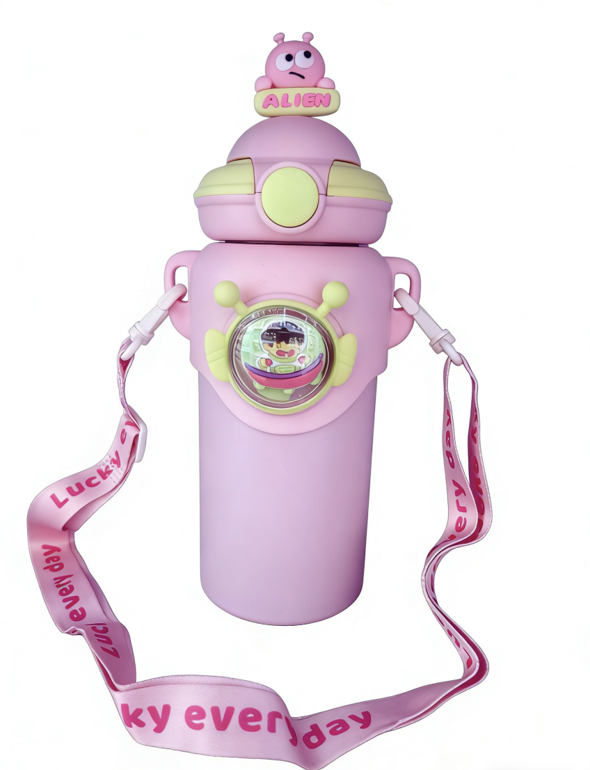 Baby student thermos cup, drinking water thermos cup, 580ml three-dimensional leak-proof 316 thermos cup, straw cup, shoulder cup, flying saucer thermos cup, cartoon doll, DIY with stickers detail image 4
