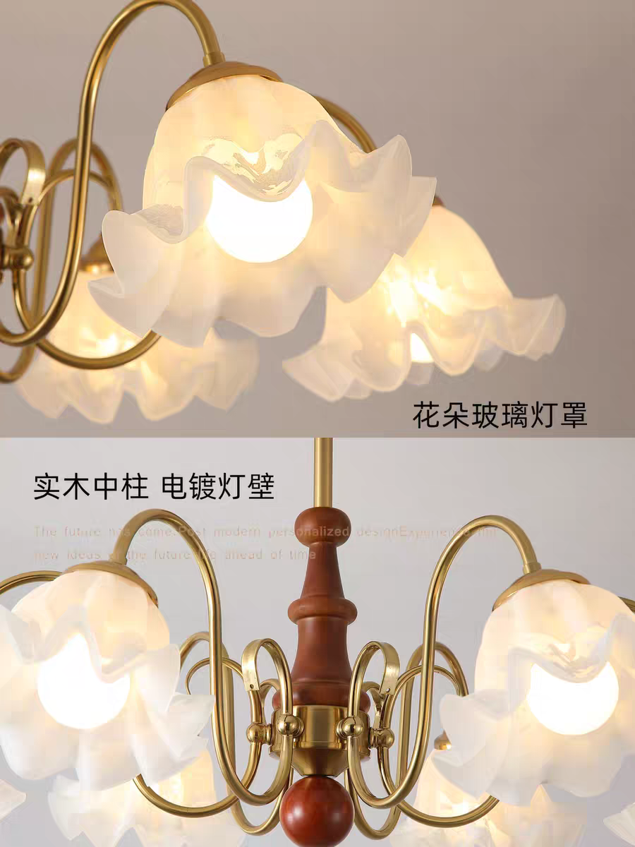 法式中古玻璃吊灯复古卧室书房美式实木花朵客厅餐厅灯具6头云朵花