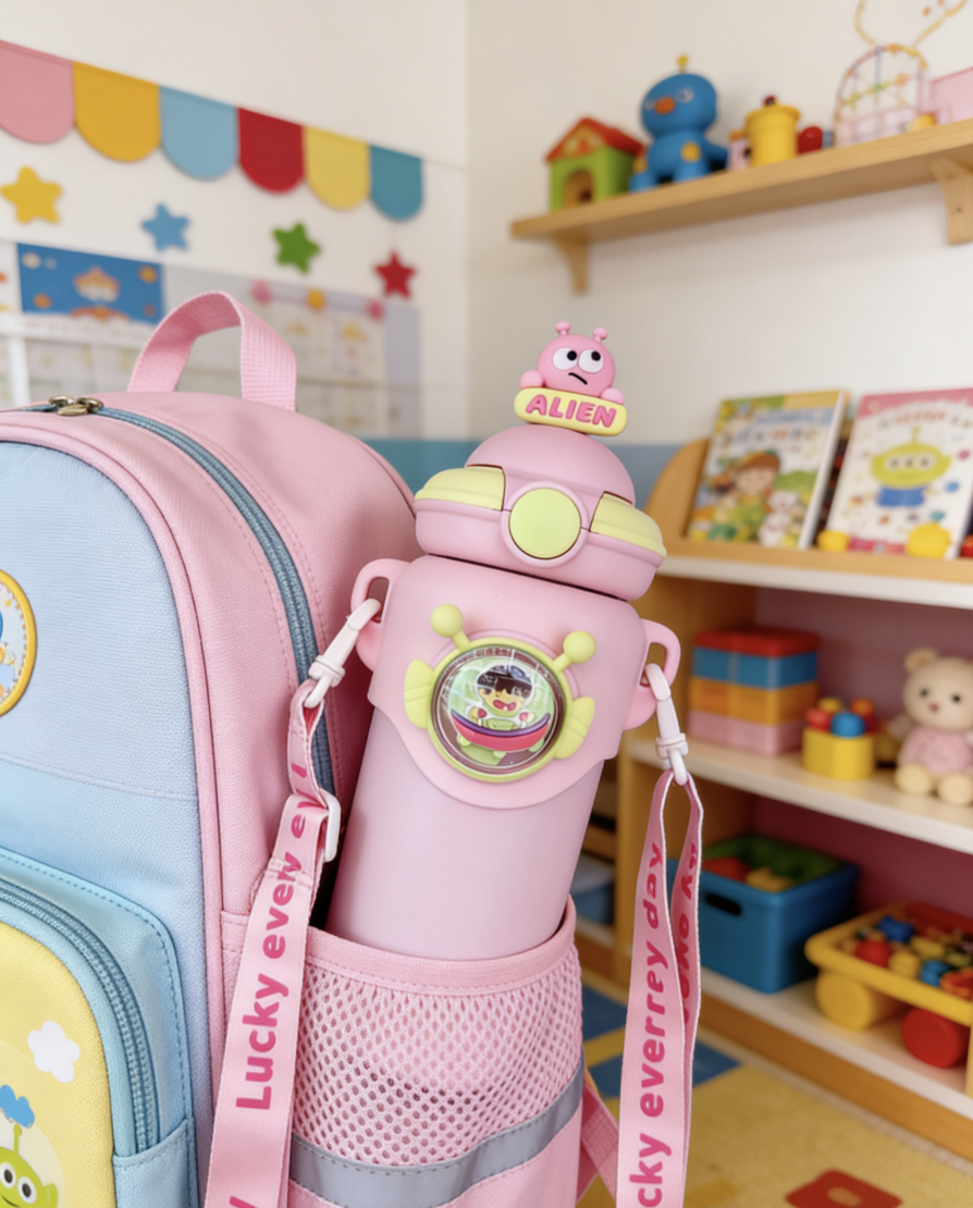Baby student thermos cup, drinking water thermos cup, 580ml three-dimensional leak-proof 316 thermos cup, straw cup, shoulder cup, flying saucer thermos cup, cartoon doll, DIY with stickers detail image 9