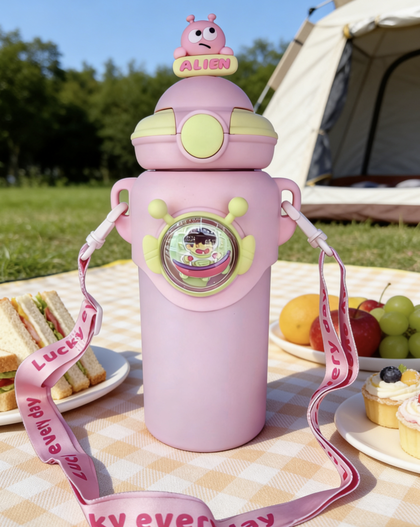 Baby student thermos cup, drinking water thermos cup, 580ml three-dimensional leak-proof 316 thermos cup, straw cup, shoulder cup, flying saucer thermos cup, cartoon doll, DIY with stickers detail image 10