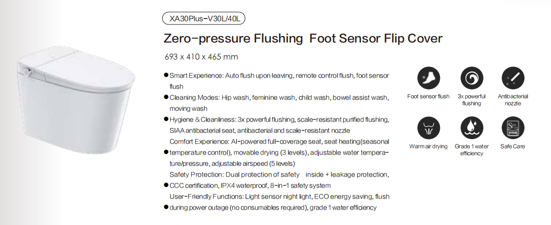 XA30Plus-V智能马桶Zero-pressure Flushing Foot Sensor Flip Cover详情1