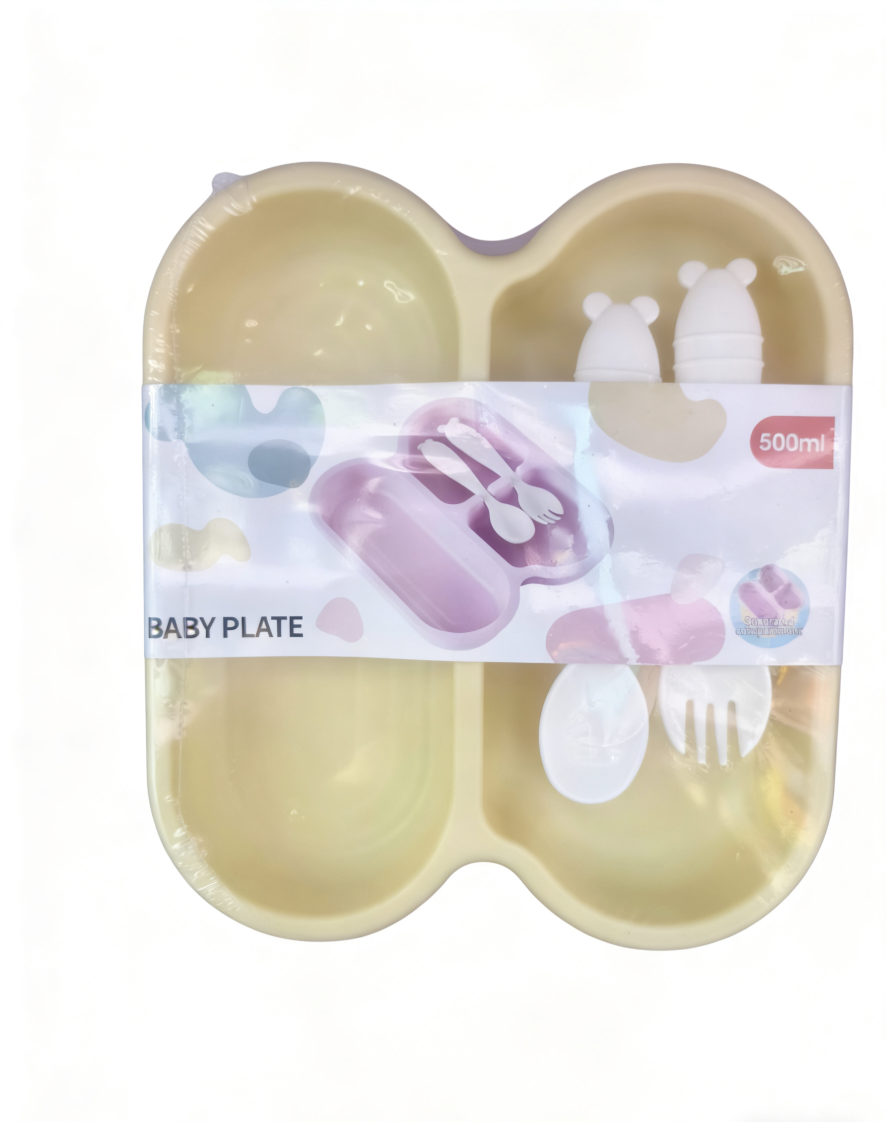 Baby tableware feeding set, non-toxic, odorless and safe three-piece set meal, plate and bowl divided into three compartments, 500ml detail image 2