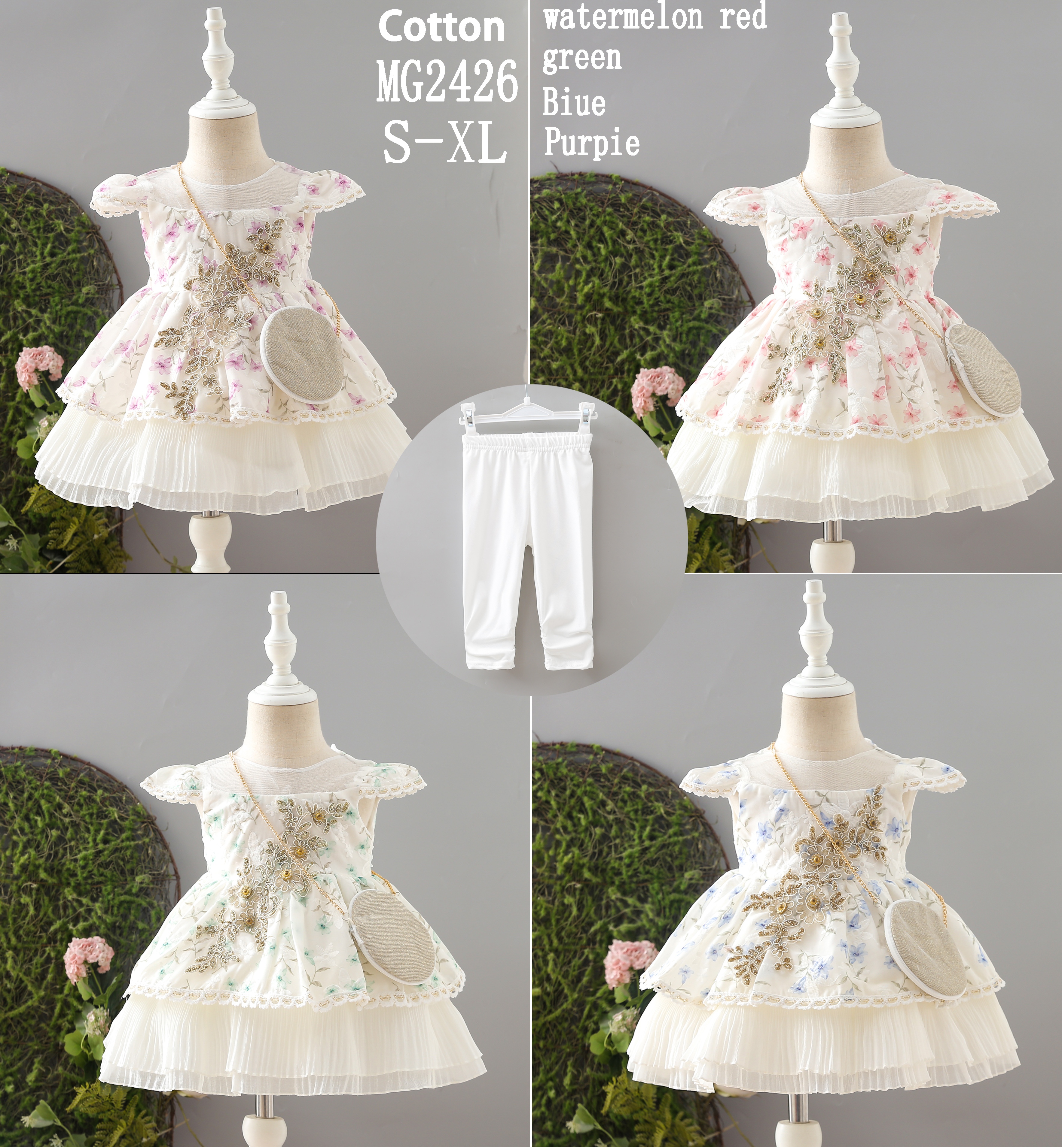 White lace-trimmed cotton children's dress, golden embroidered flower small shoulder bag, green plant wall, kids' dress, girls' gauze dress, children's clothing, birthday supplies, sweet and cool for young age