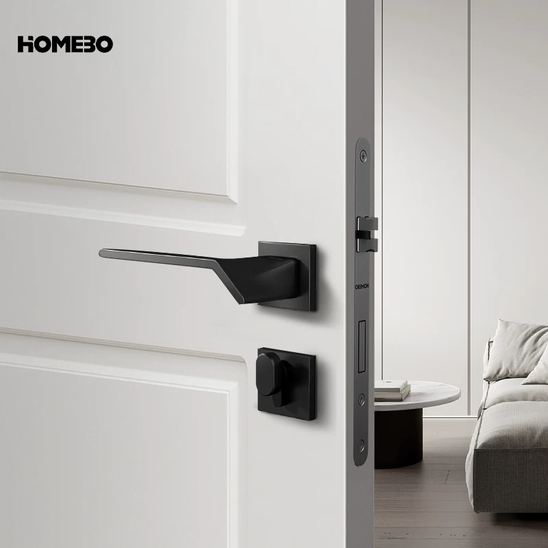 Haobao indoor black silent magnetic suction Nordic modern simple bedroom solid wood door lock hardware three-piece set