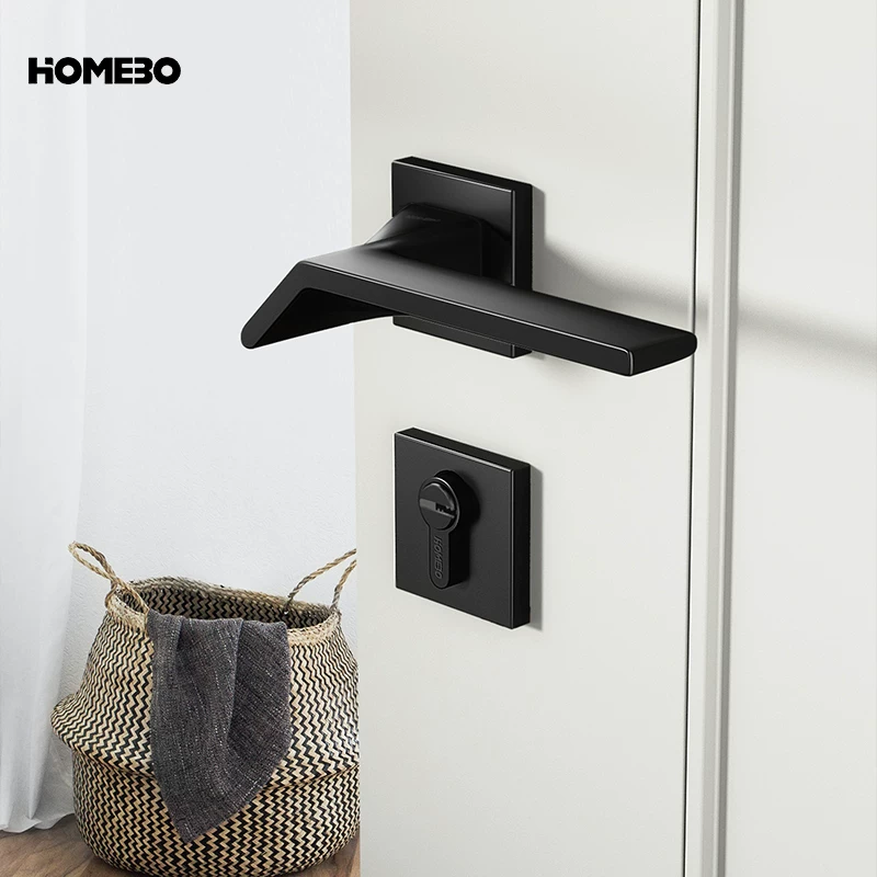 Haobao indoor black silent magnetic suction Nordic modern simple bedroom solid wood door lock hardware three-piece set Specification image