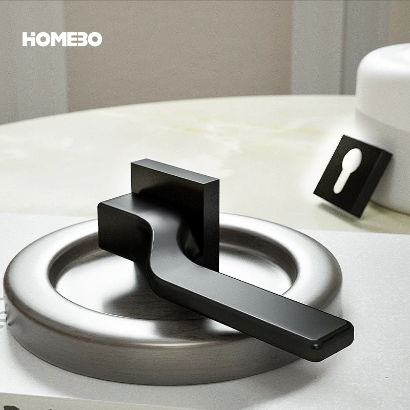 Haobao indoor silent door lock, bedroom room, minimalist black and gray wooden door handle, modern and simple split lock, home use Item Picture