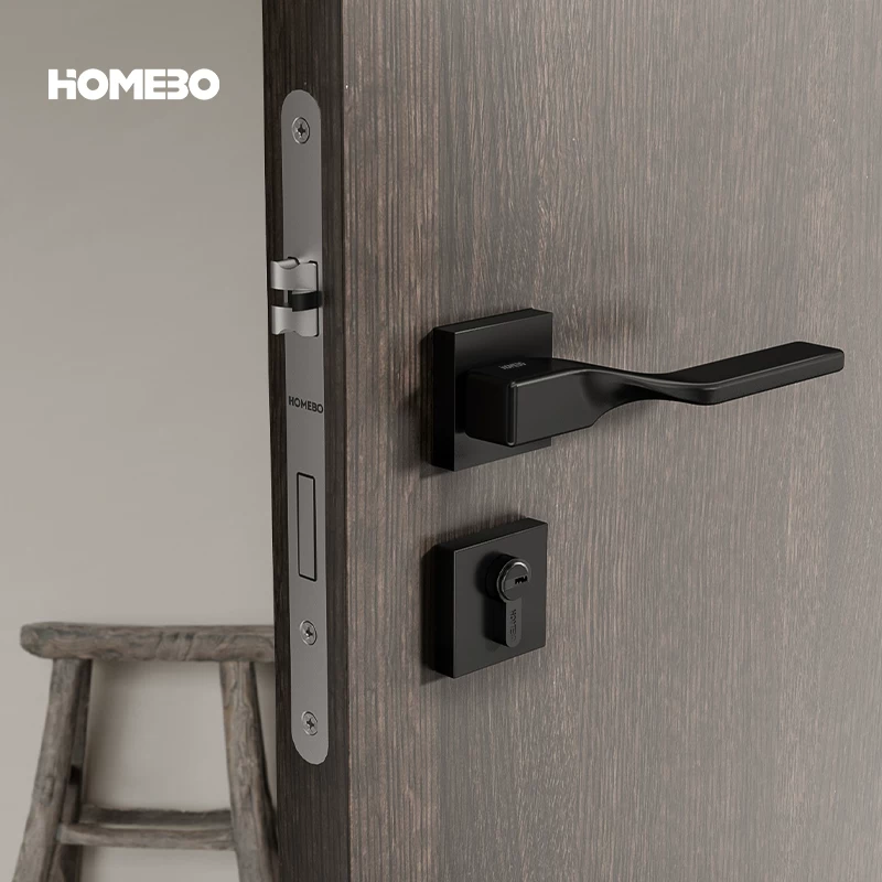Haobao indoor silent door lock, bedroom room, minimalist black and gray wooden door handle, modern and simple split lock, home use Specification image