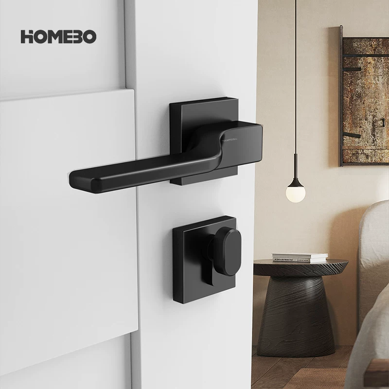 Haobao indoor silent door lock, bedroom room, minimalist black and gray wooden door handle, modern and simple split lock, home use details Picture