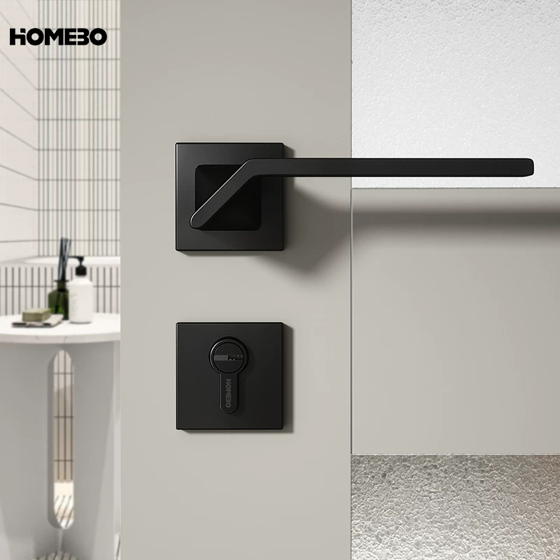 Haobao indoor black silent magnetic suction Nordic modern simple bedroom solid wood door lock hardware three-piece set details Picture