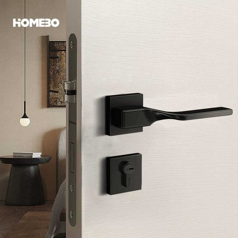Haobao indoor silent door lock, bedroom room, minimalist black and gray wooden door handle, modern and simple split lock, home use