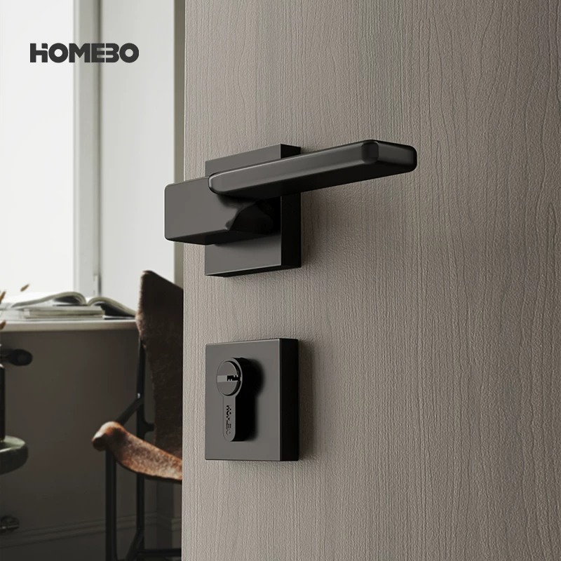 Haobao indoor silent door lock, bedroom room, minimalist black and gray wooden door handle, modern and simple split lock, home use Application Scenario
