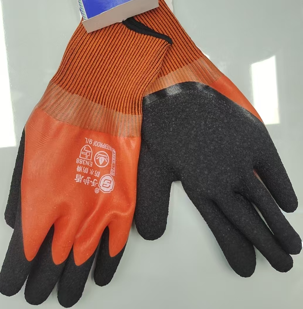 Wholesale labor protection gloves, wear-resistant and waterproof dipped plastic gloves, blue and orange