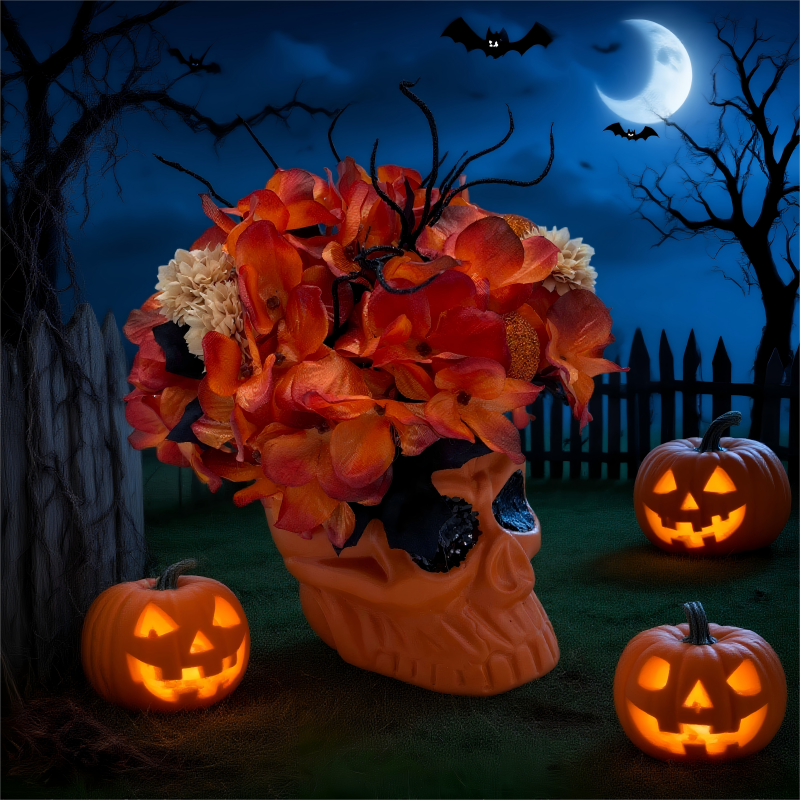 Halloween skull artificial flower material potted plant decoration, cute and terrifying atmosphere decoration Application Scenario