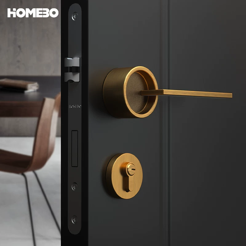 Haobao indoor bedroom door lock, Nordic silent magnetic door lock, yellow antique copper modern and simple split solid wood door handle