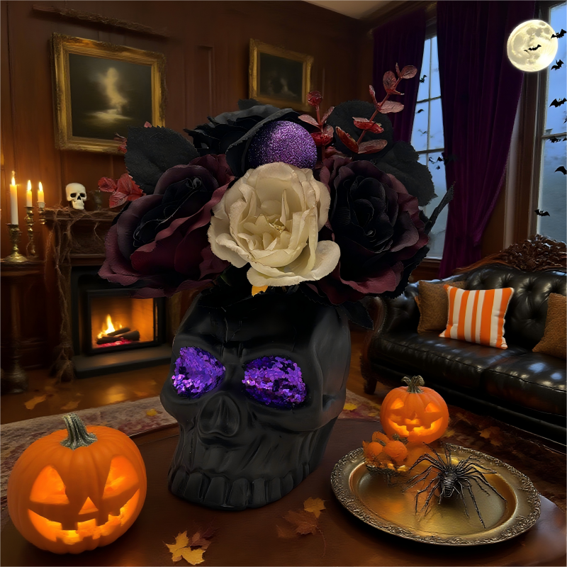 Halloween skull artificial flower material potted plant decoration, cute and terrifying atmosphere decoration Application Scenario