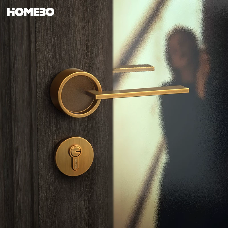 Haobao indoor bedroom door lock, Nordic silent magnetic door lock, yellow antique copper modern and simple split solid wood door handle Specification image