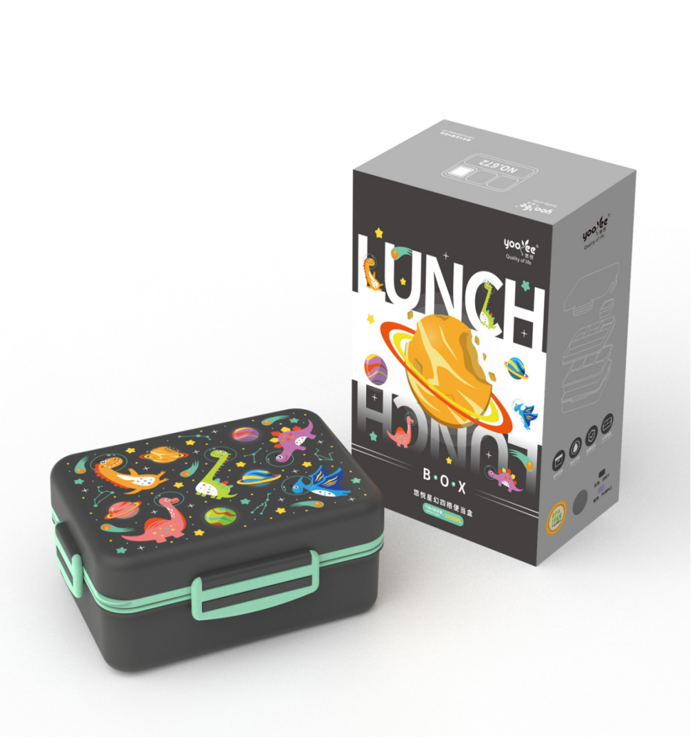 卡通星际恐龙四格便当盒 食品级 PP 材质 带便携提手 学生儿童分格防漏保鲜饭盒详情2