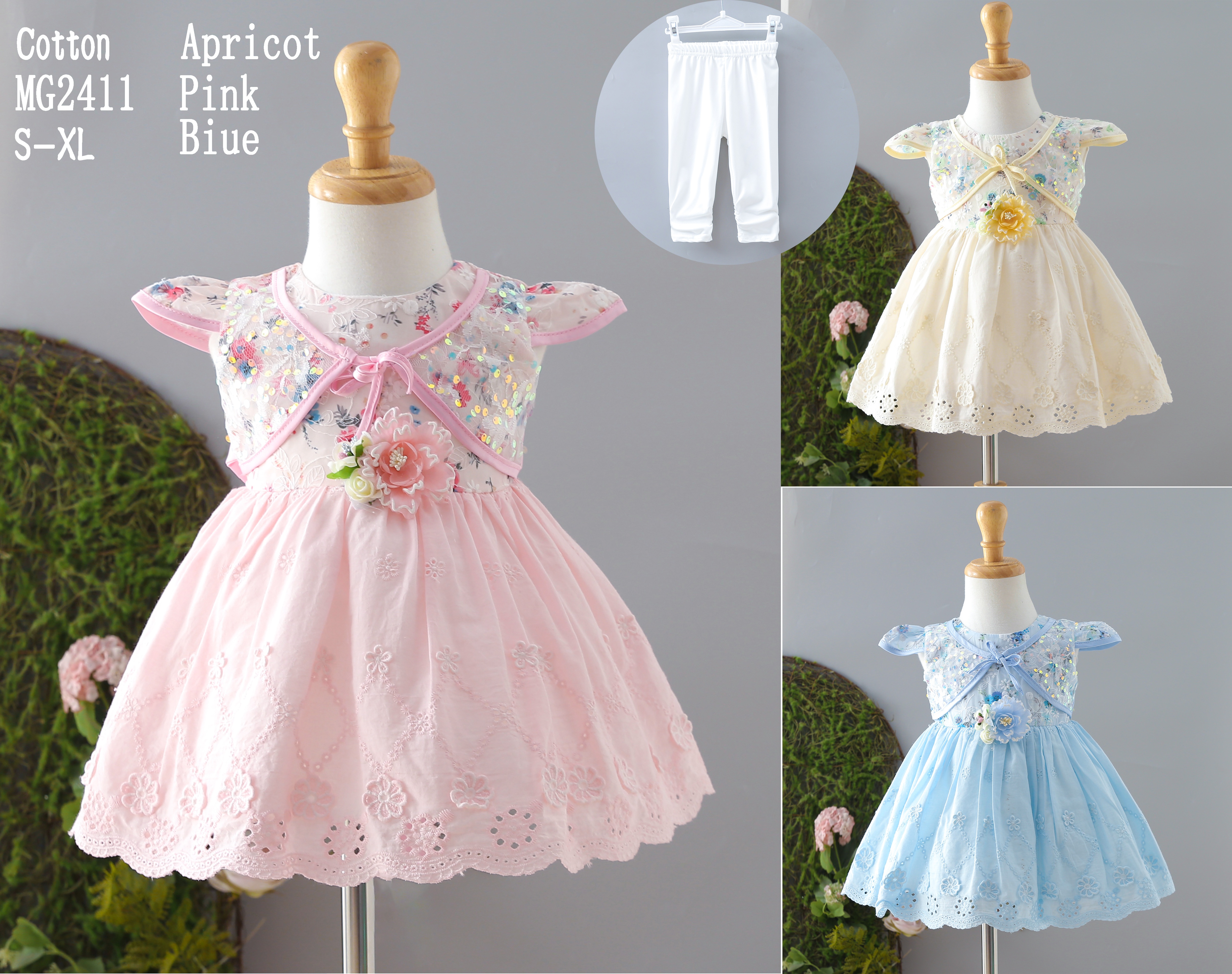 Three children's dresses in pink, apricot and blue, cotton embroidered with flowers, short-sleeved puffy skirt, bow decoration, sweet and cool children's wear for young age