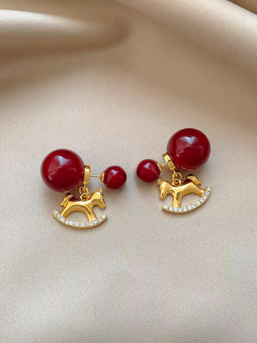 Red pearl back-worn stud earrings for the Year of the Horse, women's design sense, Little horse red bean earrings, versatile earrings for daily atmosphere Item Picture