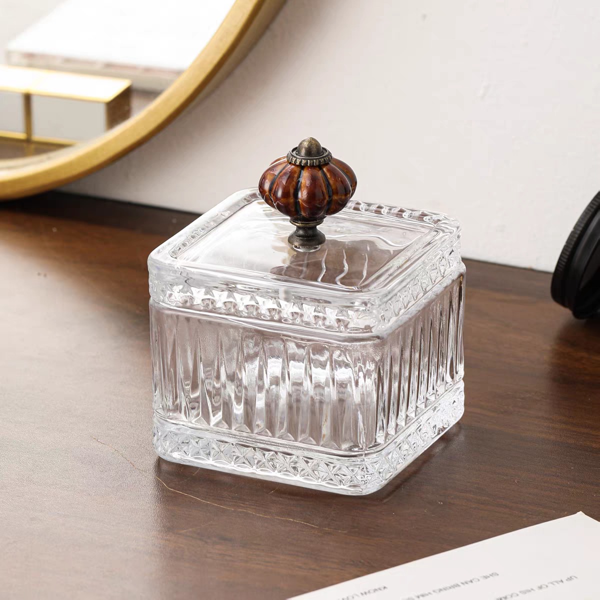 法式复古水晶玻璃首饰盒收纳盒饰品盒带盖防尘收纳盒棉签盒牙线盒