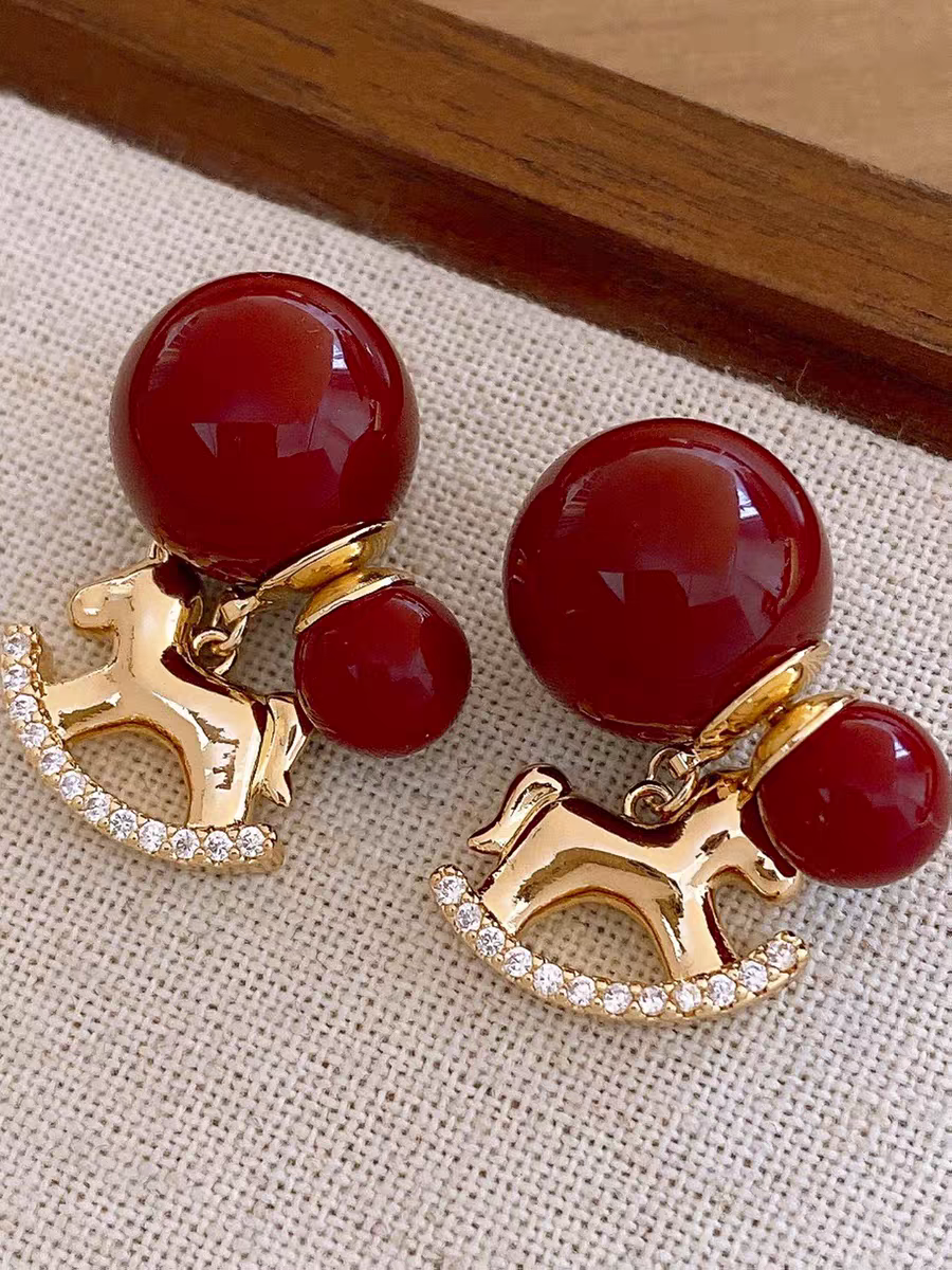 Red pearl back-worn stud earrings for the Year of the Horse, women's design sense, Little horse red bean earrings, versatile earrings for daily atmosphere detail image 3