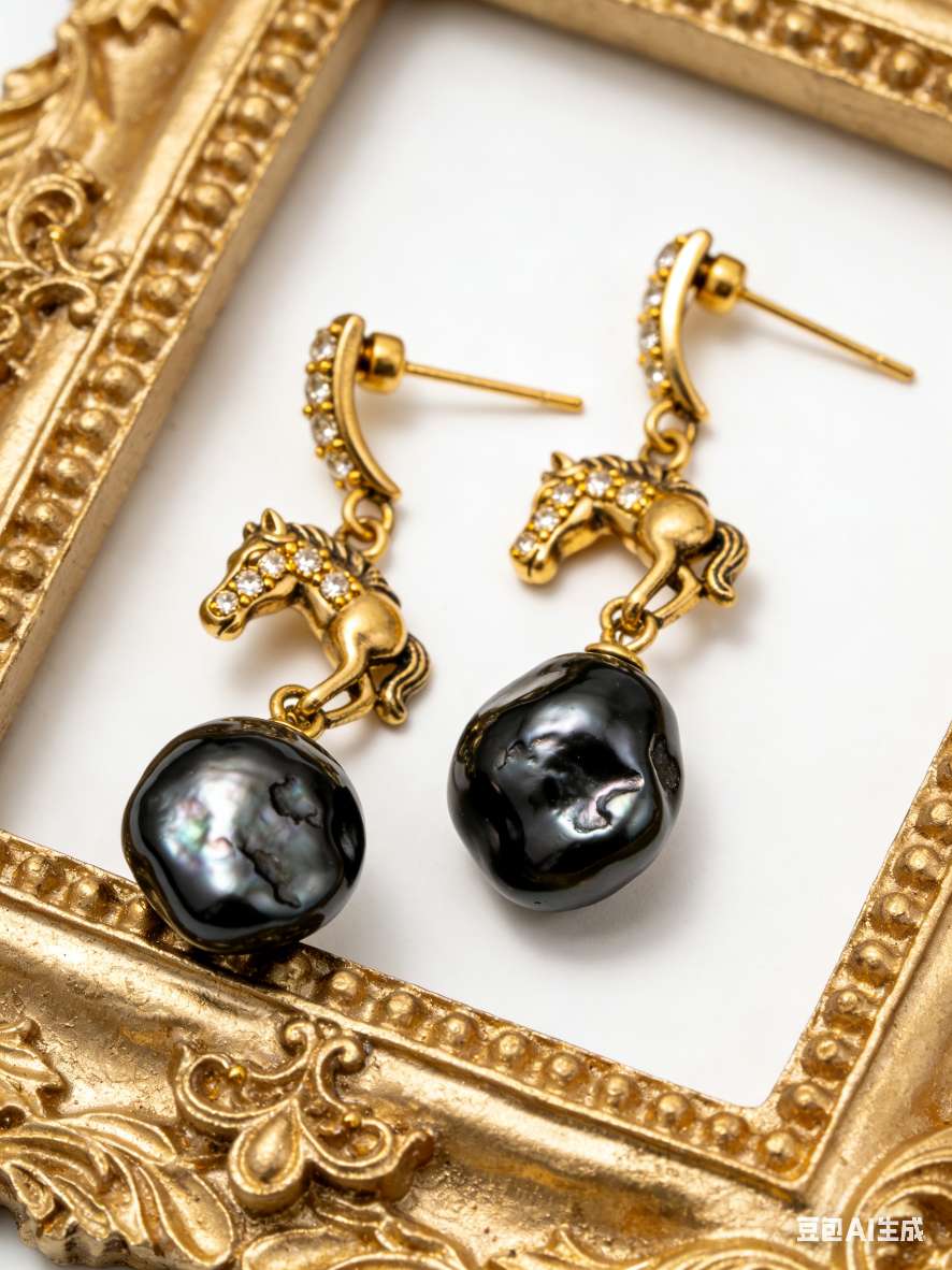 Horse-shaped Baroque pearl earrings, asymmetrical retro metal style stud earrings, 2026 new niche design jewelry - Core hot search terms: asymmetrical design, Baroque earrings, niche details Picture