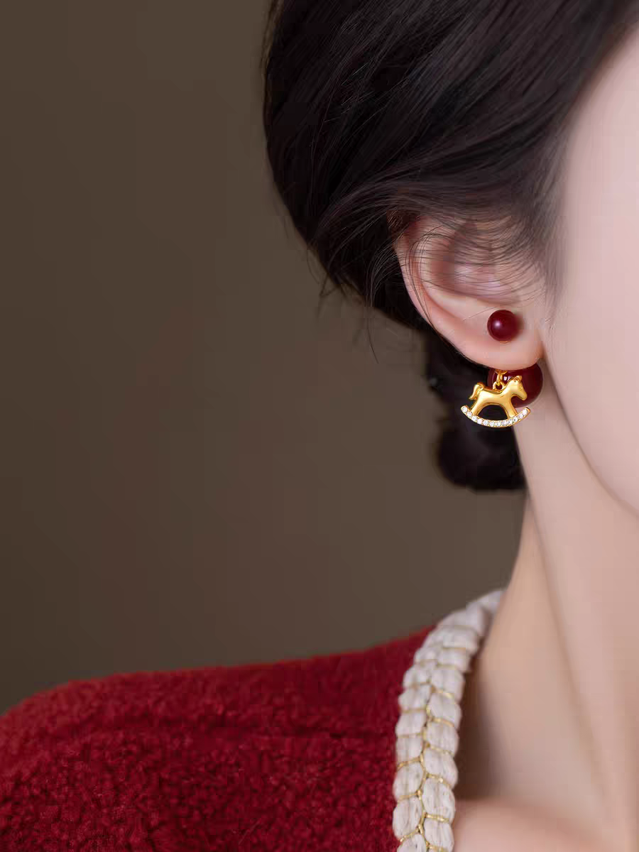 Red pearl back-worn stud earrings for the Year of the Horse, women's design sense, Little horse red bean earrings, versatile earrings for daily atmosphere details Picture