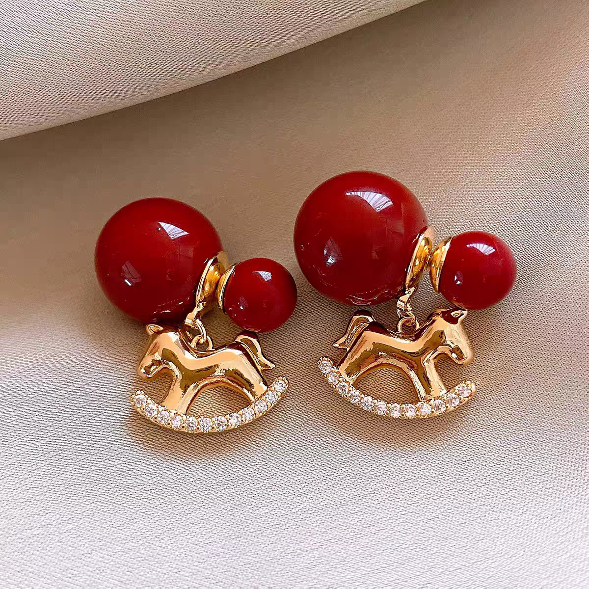 Red pearl back-worn stud earrings for the Year of the Horse, women's design sense, Little horse red bean earrings, versatile earrings for daily atmosphere detail image 4
