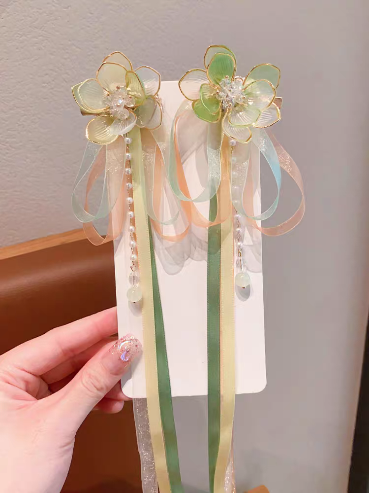 Glass flower ribbon Hanfu girl's hair clip