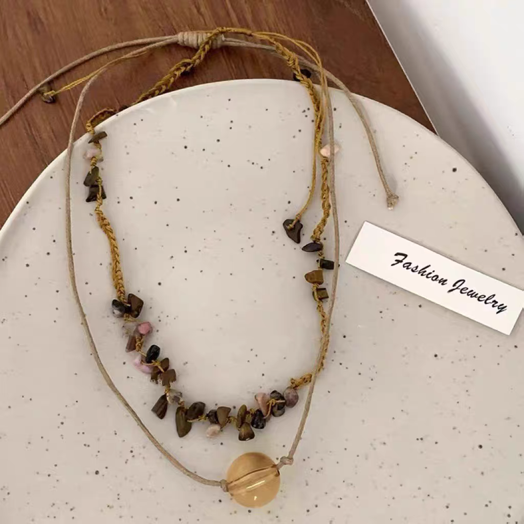Siloqi accessories, Bohemian ethnic style Meiradite woven coffee-colored crystal glass necklace, double-layered rope necklace for women detail image 4