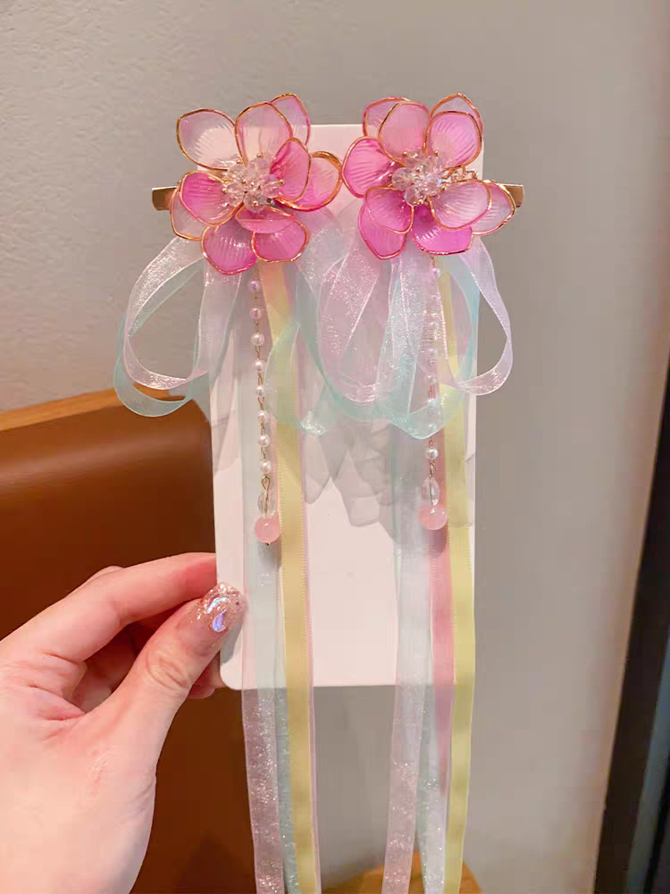 Glass flower ribbon Hanfu girl's hair clip Specification image
