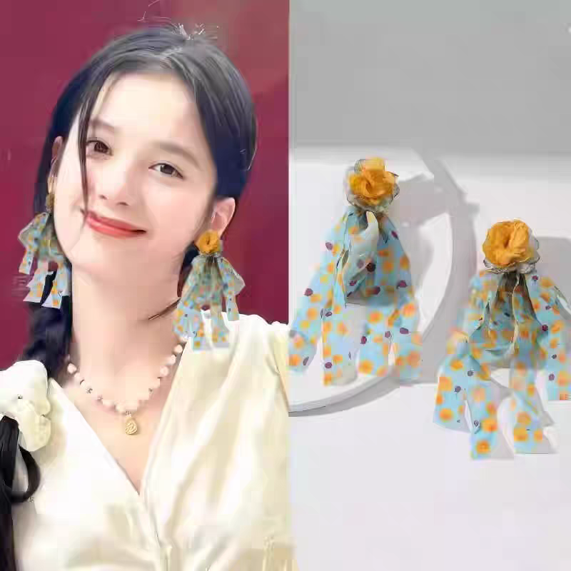 诗洛琪饰品田园风波点飘带花朵耳钉女森系甜美长款流苏耳饰小众独特设计布艺耳环细节图