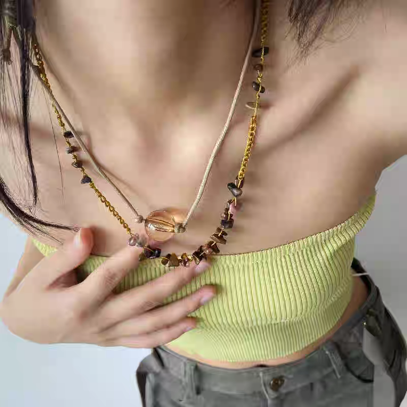 Siloqi accessories, Bohemian ethnic style Meiradite woven coffee-colored crystal glass necklace, double-layered rope necklace for women detail image 2