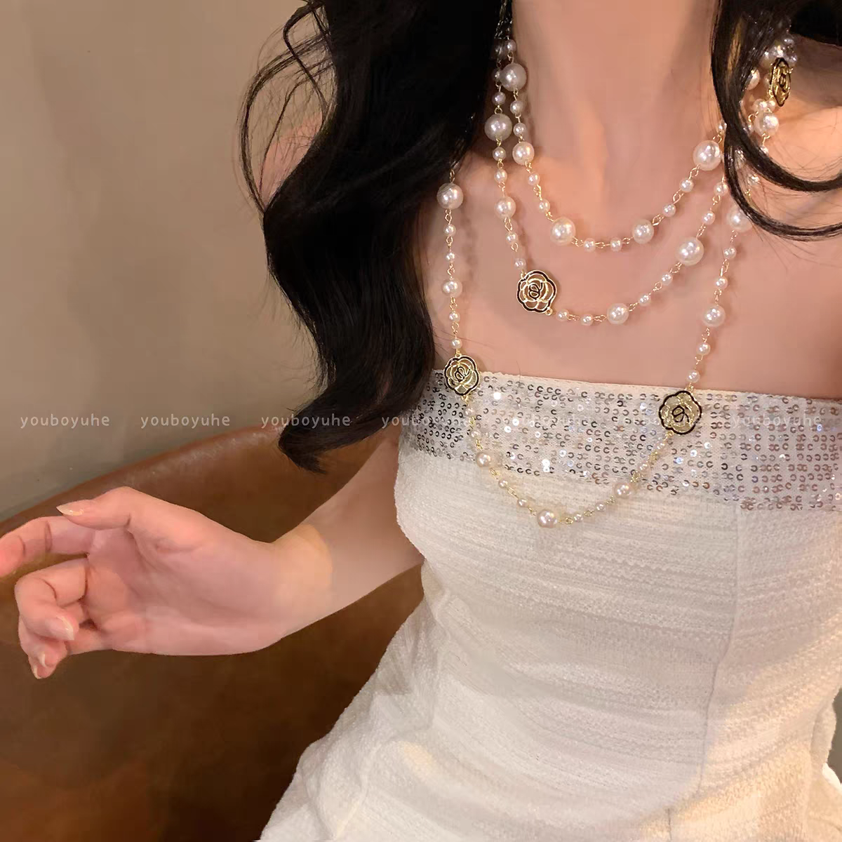 诗洛琪饰品法式黑金山茶花多层珍珠项链女小香风轻奢高级感锁骨链配饰详情图3