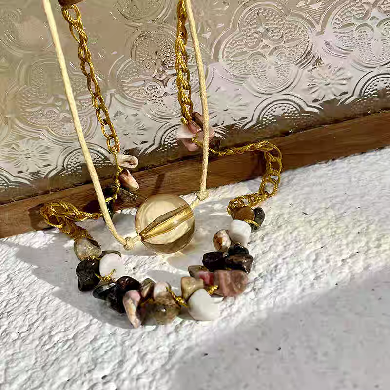Siloqi accessories, Bohemian ethnic style Meiradite woven coffee-colored crystal glass necklace, double-layered rope necklace for women detail image 5