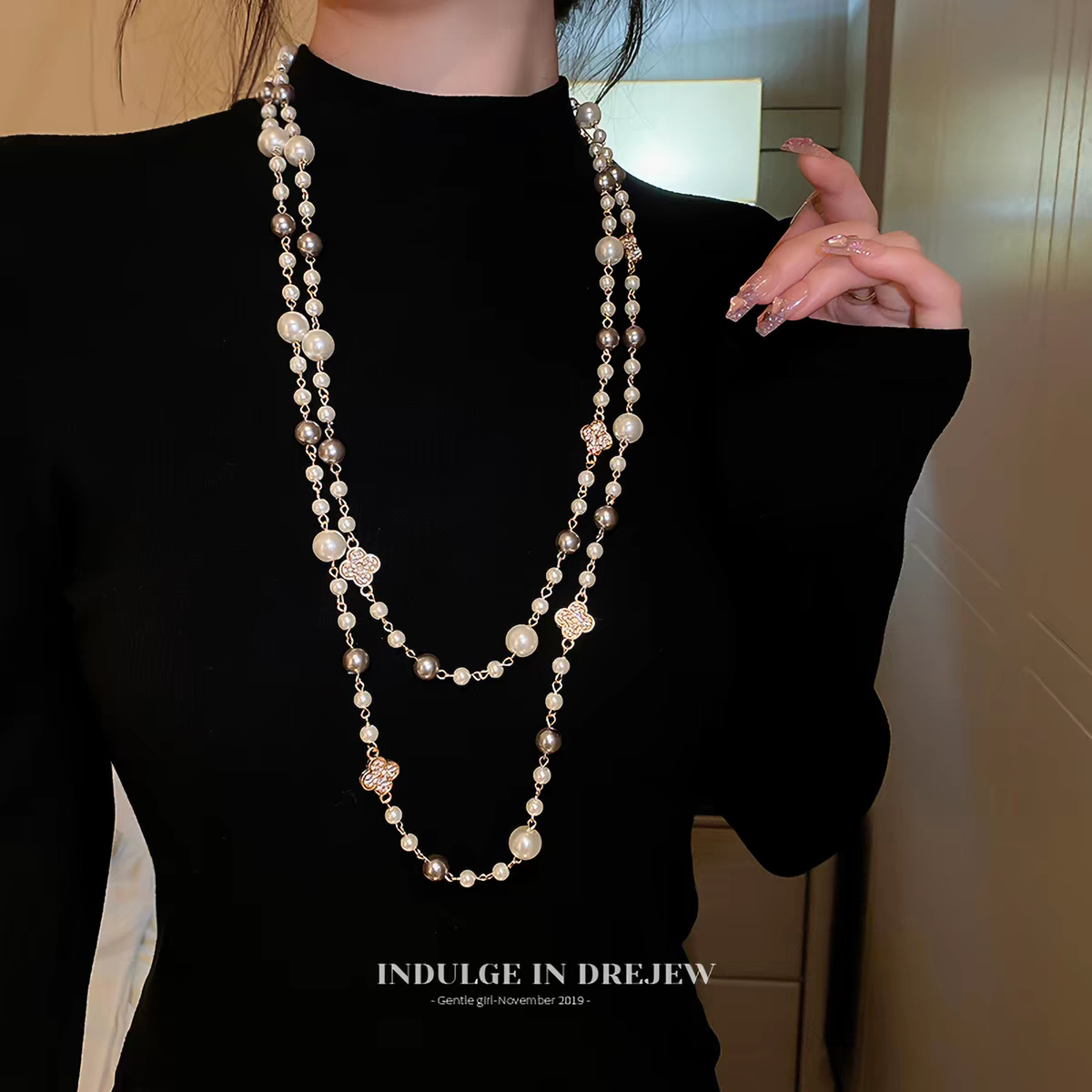 诗洛琪饰品小香风双层叠戴珍珠项链女新款爆款轻奢高级感长款毛衣链配饰详情图3
