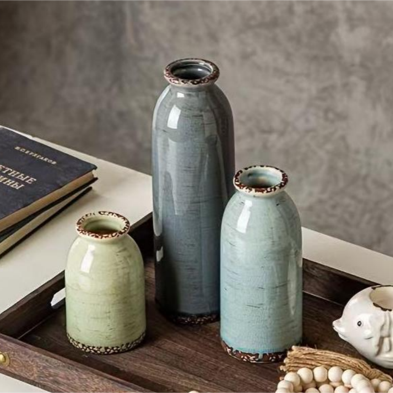 Nuevo chino vintage jarrón de cerámica conjunto de tres piezas decoración de salón arreglo floral floral minimalista contenedor de embalaje de cerámica jarrón de cerámica