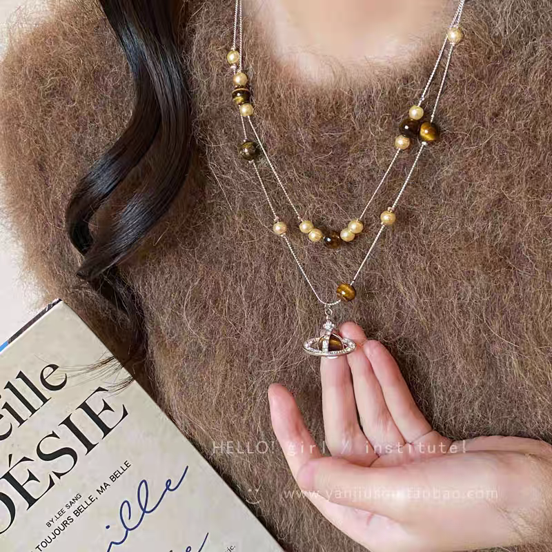 Siloqi jewelry retro tiger's eye pearl Saturn pendant necklace for women's autumn and winter, a light luxury double-layer beaded long sweater chain detail image 3