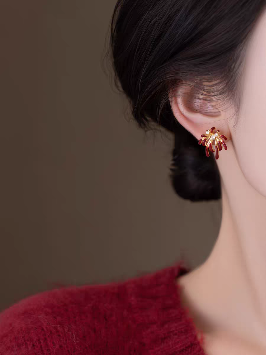 Shiluoqi accessories, red firework zircon stud earrings, women's design sense, niche light luxury, high-end exquisite accessories, earrings and earrings detail image 2