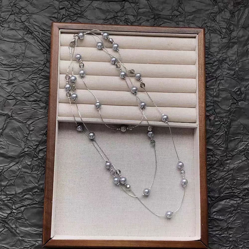 Siloqi accessories: Double-layered starry Sky grey pearl necklace for women, a light luxury and high-end look. Layered neckchain, long sweater chain for autumn and winter Item Picture