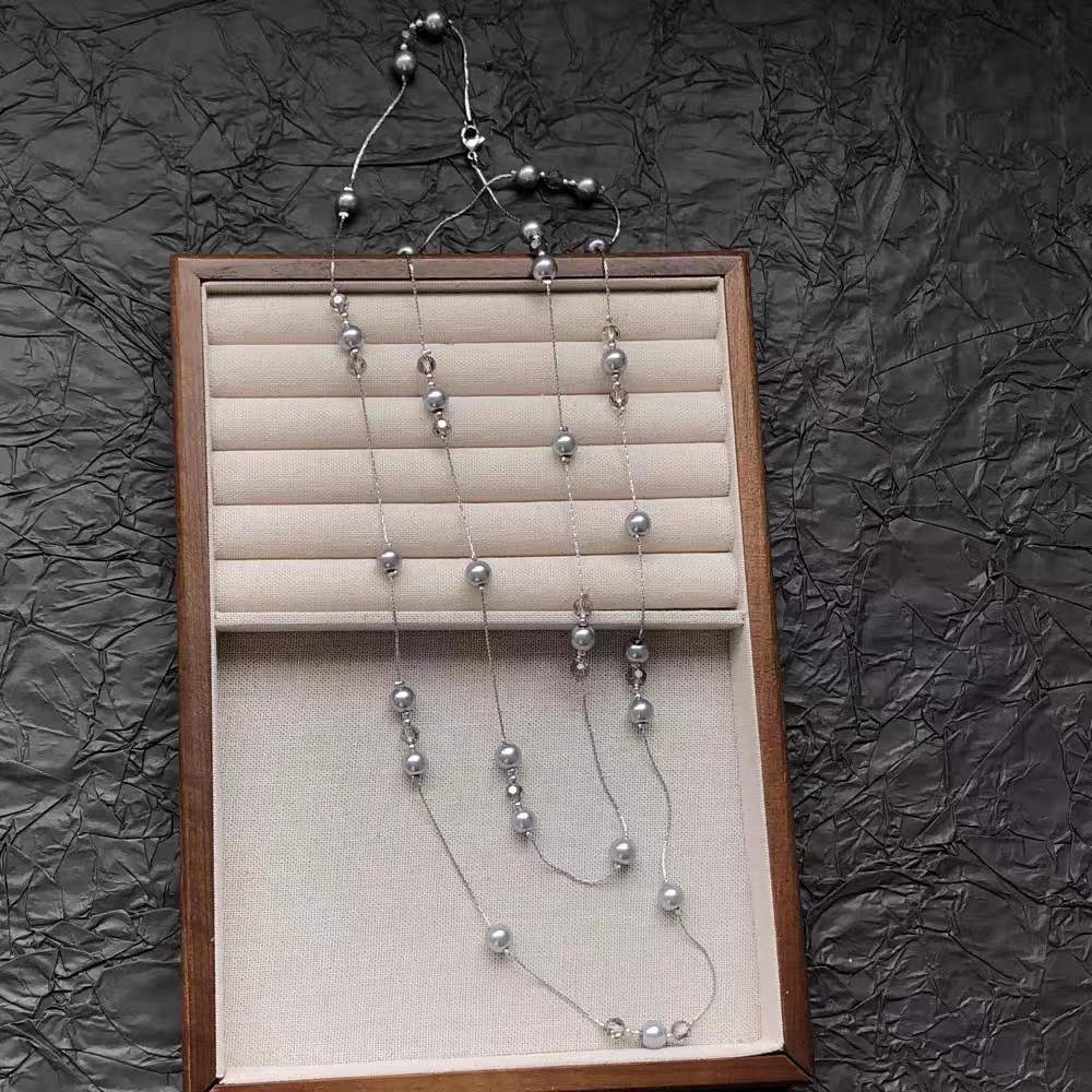 Siloqi accessories: Double-layered starry Sky grey pearl necklace for women, a light luxury and high-end look. Layered neckchain, long sweater chain for autumn and winter detail image 4