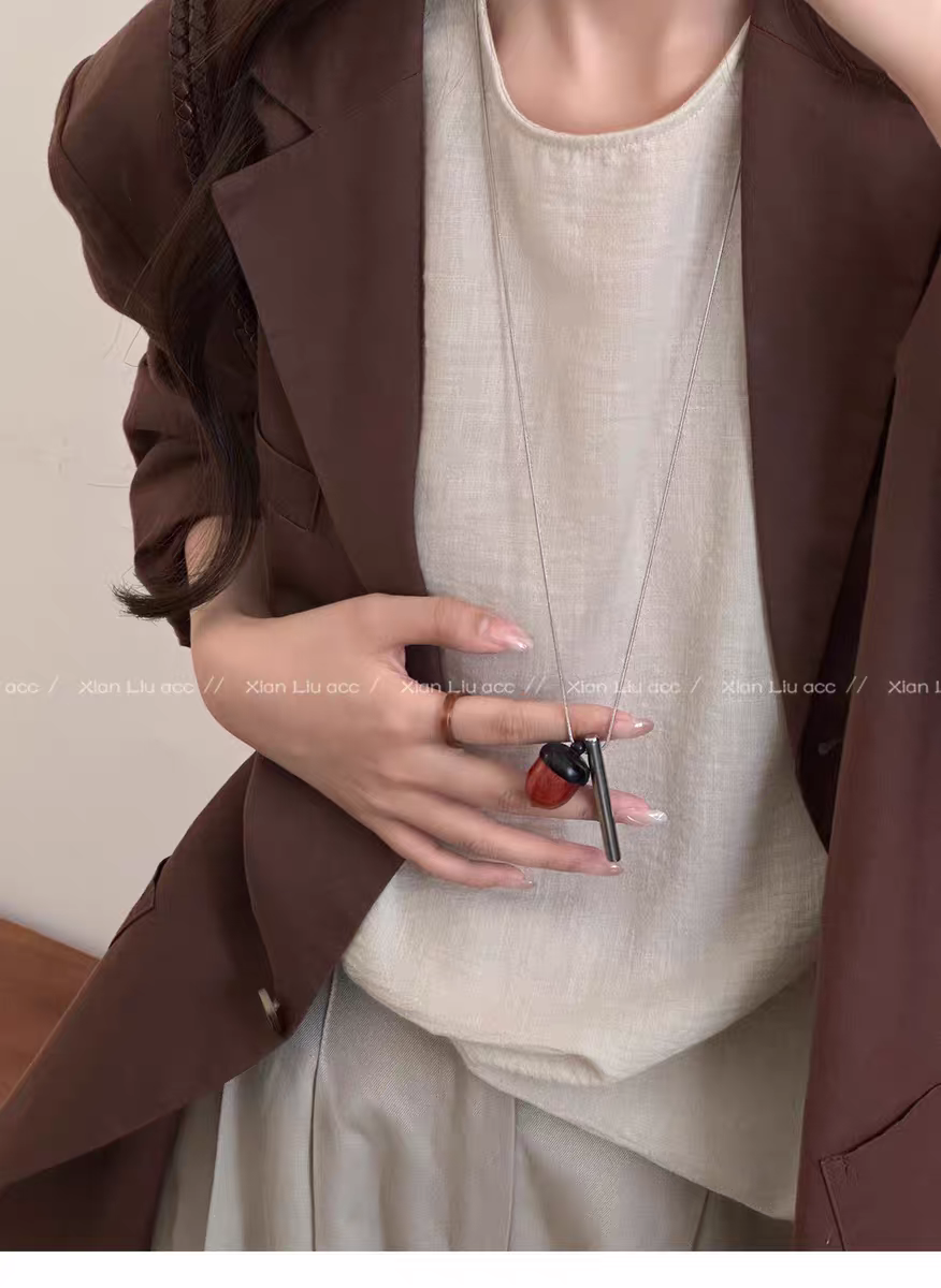 诗洛琪饰品复古橡果银条吊坠项链女小众设计高级感毛衣链时尚简约民族风配饰详情2