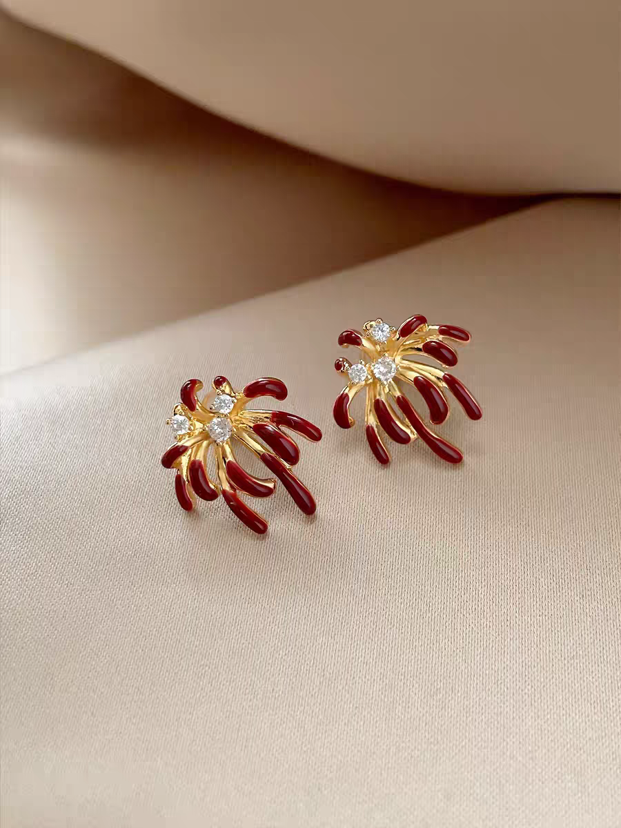 Shiluoqi accessories, red firework zircon stud earrings, women's design sense, niche light luxury, high-end exquisite accessories, earrings and earrings detail image 4